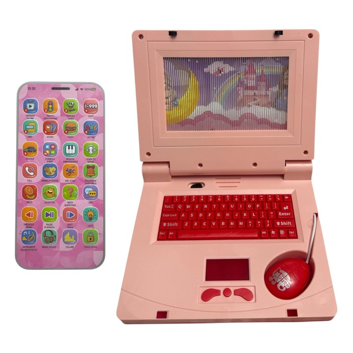 Set Cadou interactiv pentru copii - Telefon educativ + Laptop cu tastatură și mouse, Roz, 3 ani
