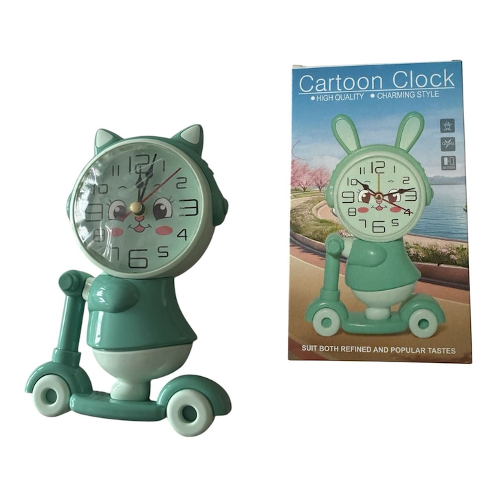 Ceas desteptator pentru copii cu design iepuras pe trotineta, analog, cu alarma si ascutitoare creioane, functionare pe baterie AA
