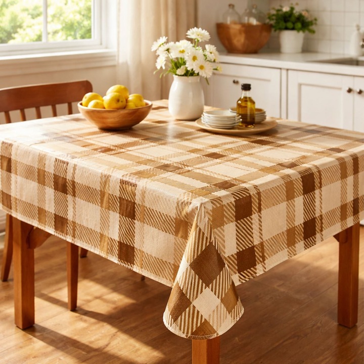 Fata de Masa Bej-Gri cu Model Carouri 140 cm, Impermeabila, Design Elegant & Modern, Protectie si Decor ANTBRO®