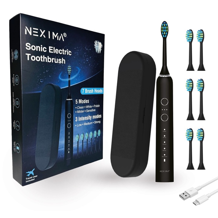 Periuta de dinti electrica sonica NEXIMA®, motor cu levitatie magnetica 40.000 pulsatii/min, 5 moduri curatare, 3 intensitati, 7 capete incluse, autonomie 60+ zile, USB-C, IPX7, husa calatorie, adulti & copii 10+