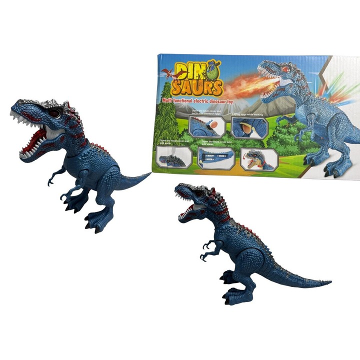 Dinozaur electric interactiv pentru copii, cu lumini, sunete, efect fum si proiectie, merge si depune oua