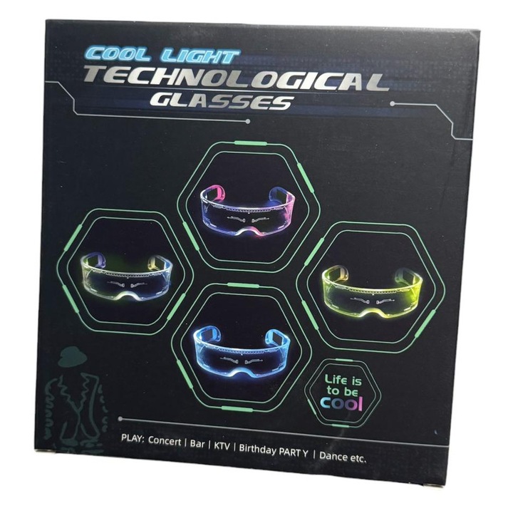 Világító LED szemüveg partikra, többszínű, 6 világítási mód, elemek mellékelve, fesztiválra, klubba, koncertre