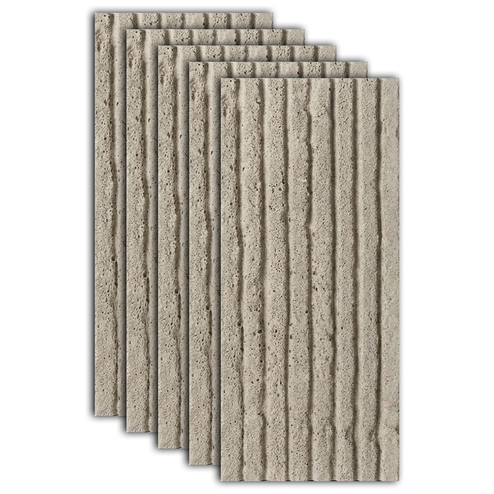 Set 5 x Placi Decorative de Piatra din Ipsos NEXTLY, Soft Stone Skin, Model Canelar/Riflat/Linear, Placi Piatra Pentru Perete, Interior/Exterior, 4-6mm grosime, 3.6mp acoperire, 60x120 cm, nisipiu