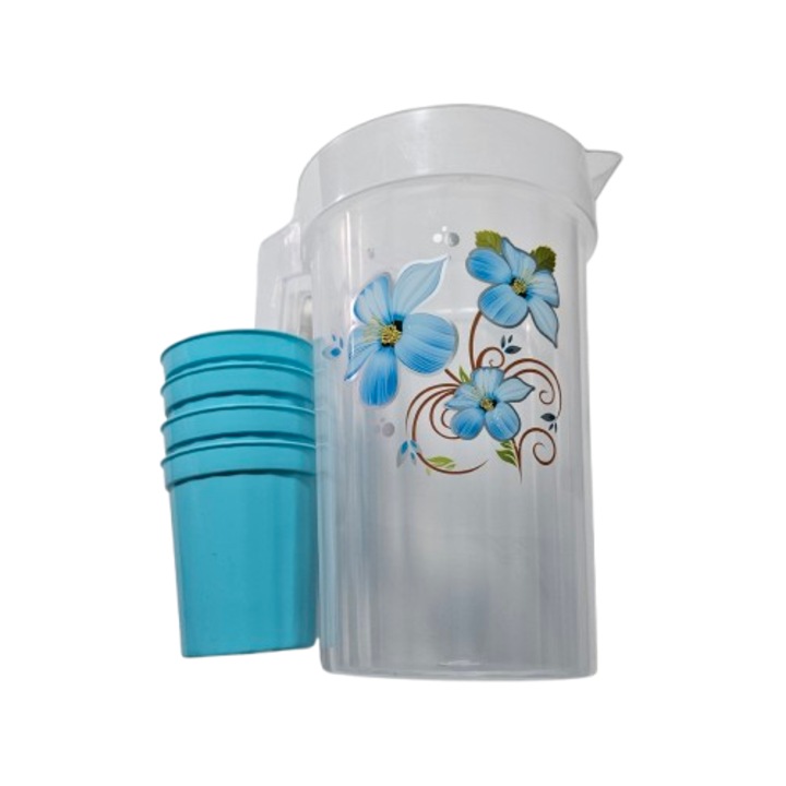 Carafa cu capac, plastic 1.5 l si 4 pahare 200 ml, Turquoise