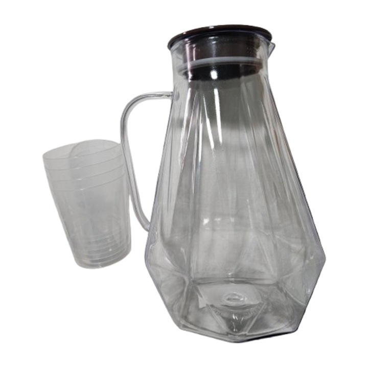 Carafa plastic 2l cu 4 pahare plastic 180 ml, Transparent