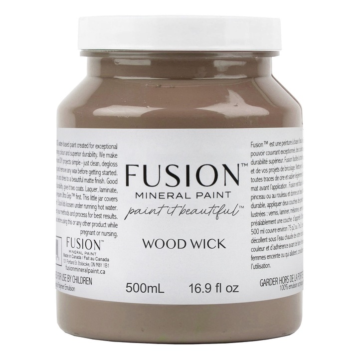 Vopsea pentru mobila Fusion Mineral Paint, Wood Wick, maro inchis cald, finisaj mat, cu protectie integrata, 500 ml