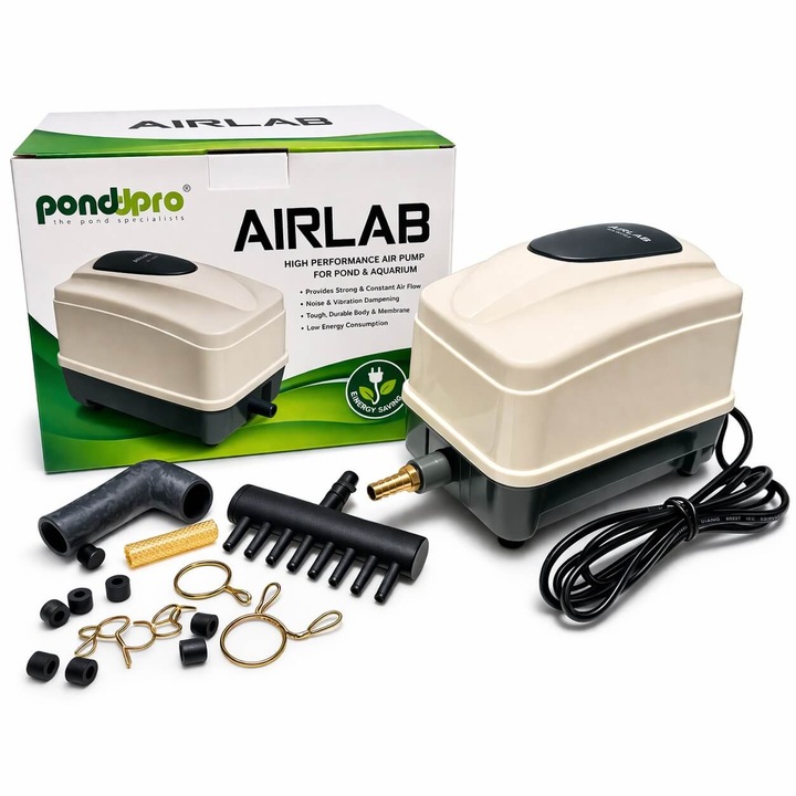 Aerator acvariu iaz fosa Pondpro AIRLAB EV20, compresor aer silentios 30 l/min, 20W, aerator acvariu, aerator iaz si aerator fosa septica pentru oxigenare eficienta