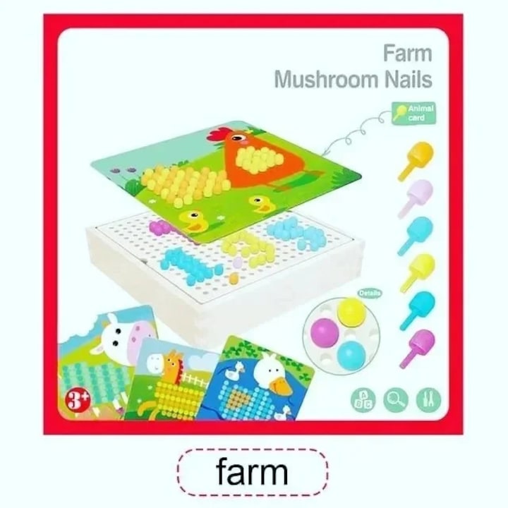 Set joc educativ Placa Pegboard si pioni ciuperca cu tematica ferma pentru copii 3+ ani, SARALMA®
