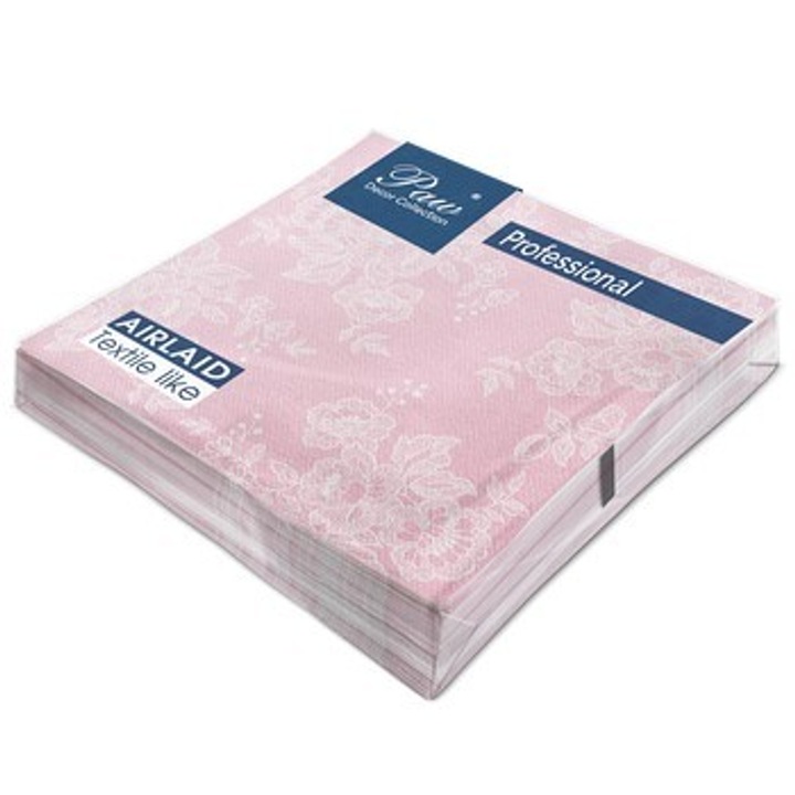 Servetele de masa, model Peacock, dantela moale profesionala pentru cina, 40x40 cm, 50 buc, 1 strat, pliere 1/4, albe, set de 50, airlaid, certificate FSC, fabricate in