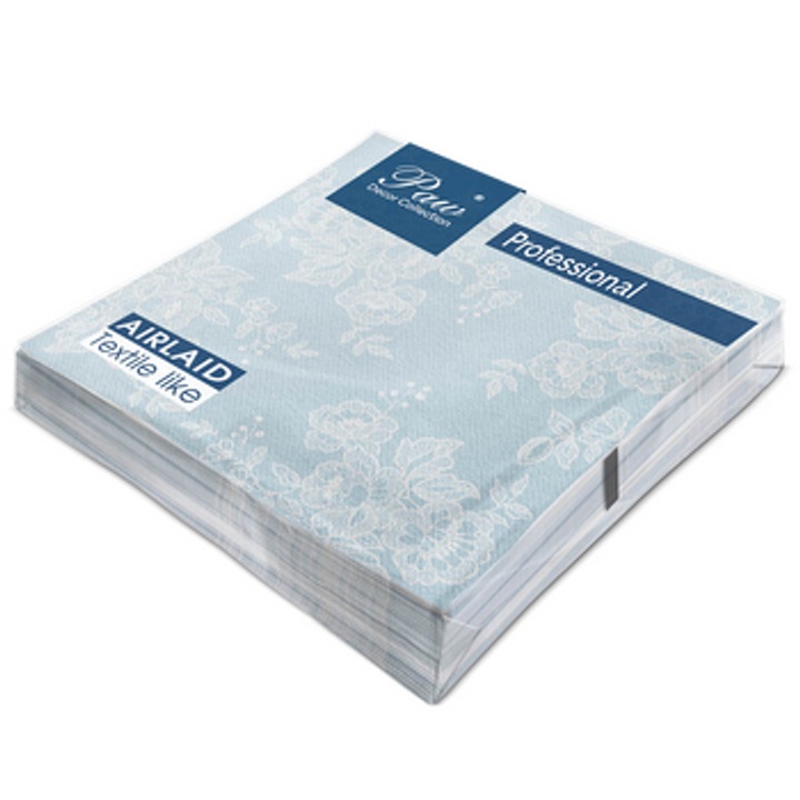 Servetele, paun, dantela moale profesionala pentru cina, 40x40 cm, 50 buc., 1 strat, pliere 1/4, albastru, material airlaid, tara de origine: