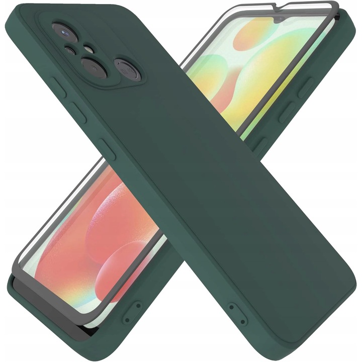 Husa telefon, compatibila cu Xiaomi Redmi 12C / 11A 4G, silicon, ciemnozielona, protectie camera, protectie ecran, set inclus