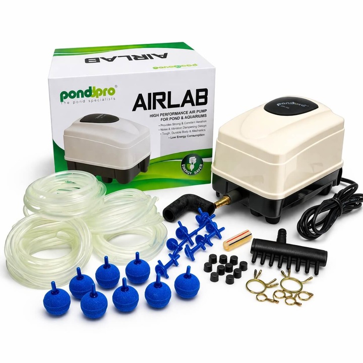 Aerator iaz acvariu Pondpro AIRLAB EV20, 1800 l/h, set pompa aer acvariu complet cu accesorii, 20W, pompa oxigenare iaz cu 8 iesiri, aerator acvariu silentios