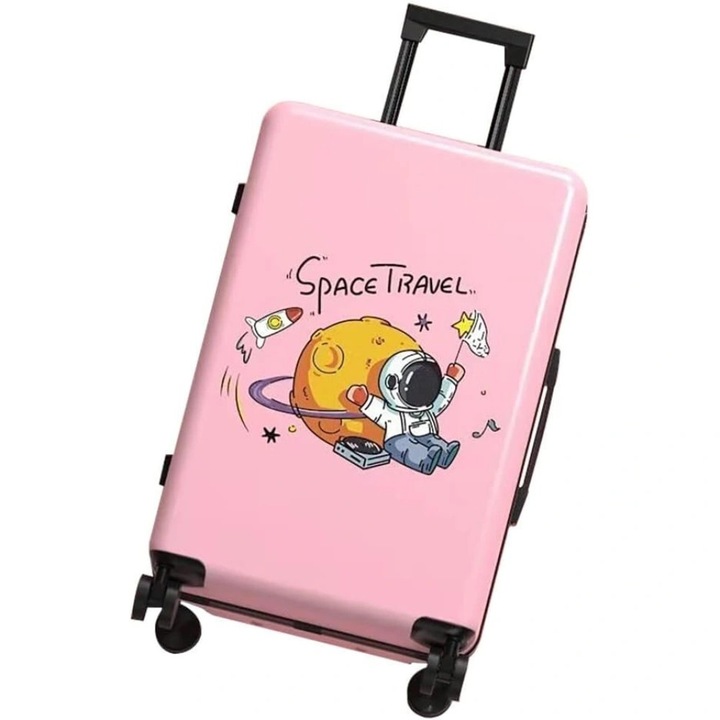 Troler de Calatorie, 4 Roti, Maner Reglabil, ABS, Fermoar, Blocare cu Cod, Impermeabil, 56 x 35 x 22 cm, Model Spatial Roz