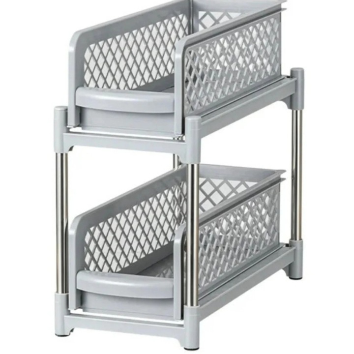 Organizator Mobil 2 Etaje, Raft Depozitare Multifunctional din Plastic, 37.5 x 37 x 18.5 - Gri