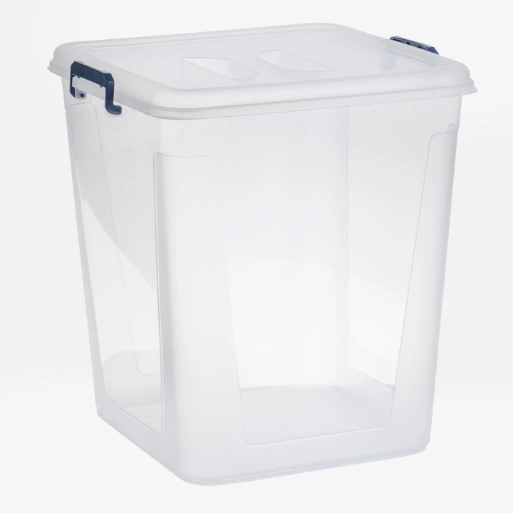 Átlátszó tárolódoboz fedéllel és fogantyúkkal, petrolkék, 30L