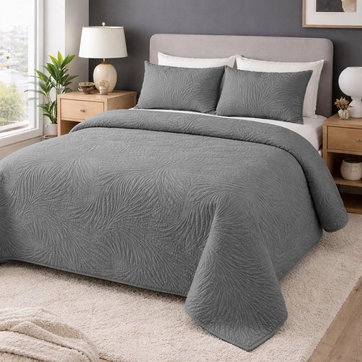 Cuvertura cu Doua Fete Gri cu Model Frunze 160x230cm