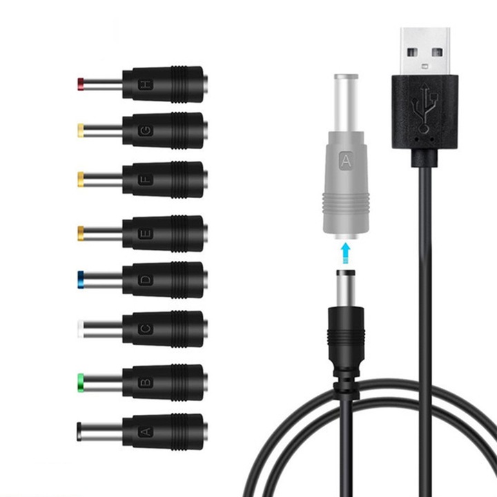 USB към DC кабел с 8 сменяеми накрайника, SuooTci, 1м, черен