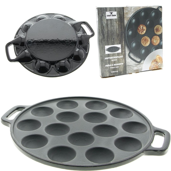 Tigaie zeliwna pentru 15 mini clatite, MPLCO, 29x24cm, 2 maneri zeliwa, 2.7kg