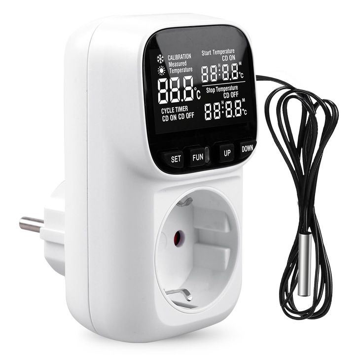 Priza inteligenta cu termostat, control temperatura, afisaj LCD, pentru controlul pompelor de circulatie, sistemelor de incalzire/racire, acvariilor, bazinelor de reproducere si serelor. 230 V, 16 A, alb