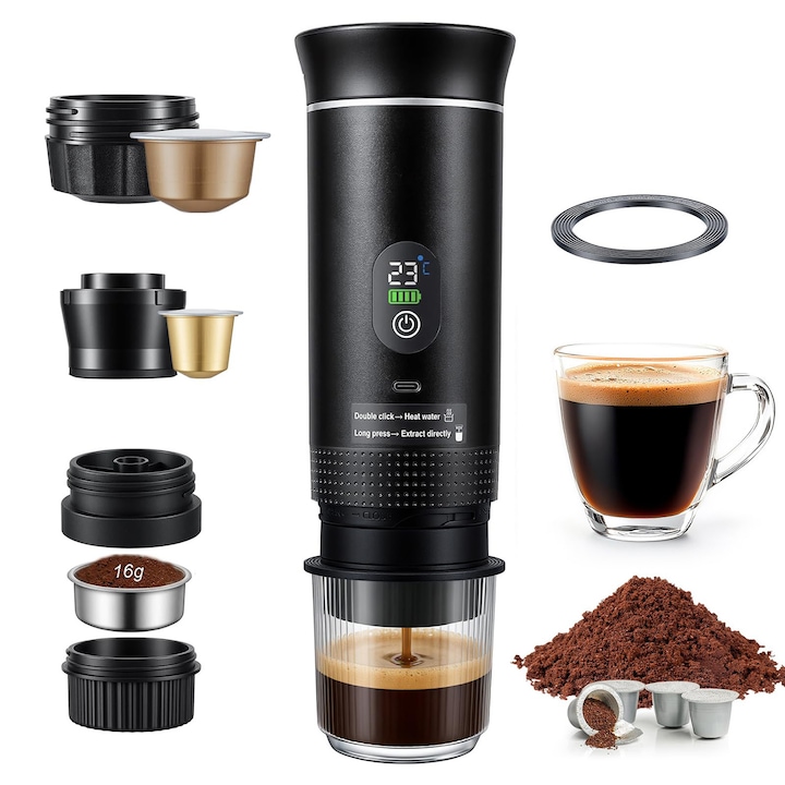 Espressor portabil 3 in 1, 20 Bar, 7500mAh, incalzire automata, USB-C, negru