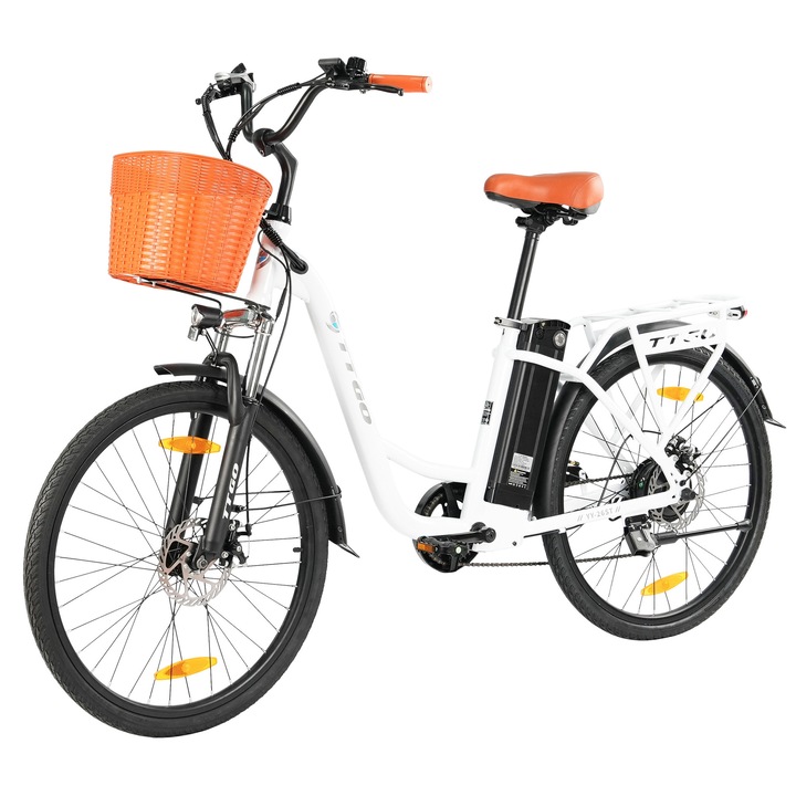TTGO Városi Elektromos Kerékpár, 250W 45Nm Motor, 522Wh Kivehető Akkumulátor, 75km Hatótáv, 26" Kerekek, Tárcsafékek, Dupla Felfüggesztés, Shimano 6 Sebességes Váltó, Kosár és Csomagtartó, LED Kijelző, Fehér