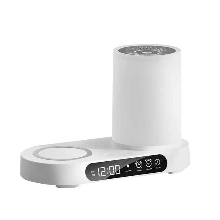 Párásító, USB, 200 ml, csendes működés, órás kijelző, RGB éjszakai fény, ORBER, vízhiány elleni védelem, aromás párásítás, gyors vezeték nélküli töltés, PP, 155 × 92 mm, fehér