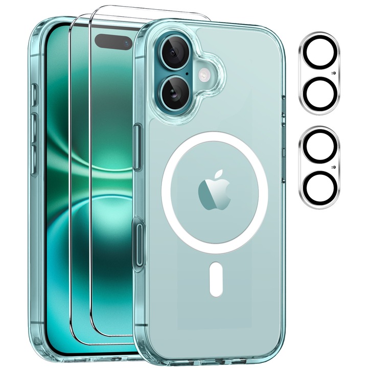 Husa TPU MagSafe pentru iPhone 16, cu set protectie ecran si camera din sticla temperata, Transparent