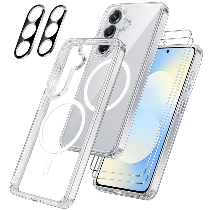 Husa compatibila cu Samsung Galaxy S25 FE 5G cu 2 folii de protectie din sticla temperata pentru ecran si 2 folii de protectie pentru camera, husa moale din TPU MagSafe (Transparenta)