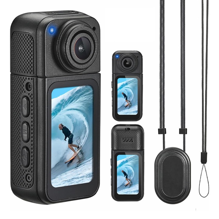 Sport WiFi videókamera, Rqiurpn, 2.7K 1080P, 1.47” HD kijelző, 180 fokban forgatható objektív, Kéz nélküli felvétel, Mágneses rögzítés, Hordozható, Kültéri használatra, Kerékpározáshoz, Vlogoláshoz, Utazáshoz, Fekete