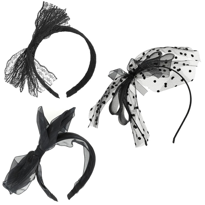 Set de 3 accesorii par cu fundita din dantela, SUNTRADE, negru, dimensiuni variate