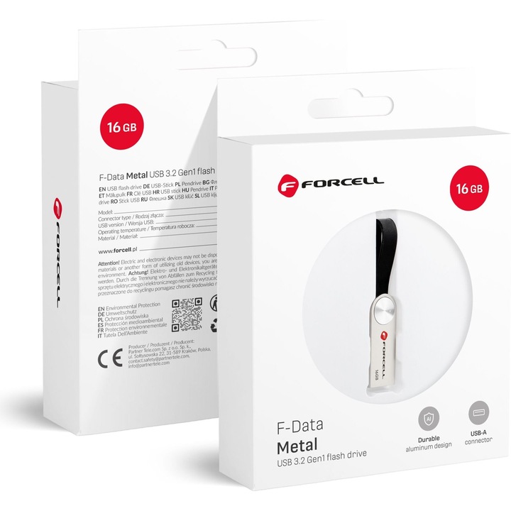 Memorie USB Forcell F-Data Metal 16GB, USB-A, aluminiu, 3.2 Gen1, argintie