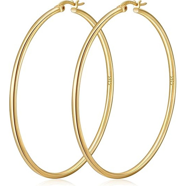 Cercei mari subtiri de 2 mm din aur de 14K pentru femei, tip cerc, usori