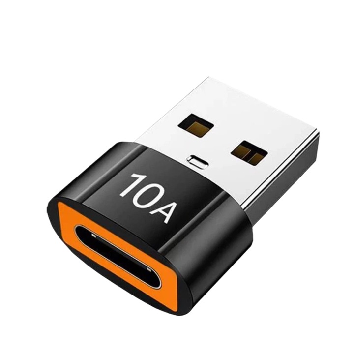 Adaptor USB la USB-C, 10A, incarcare rapida, transfer date 480Mbps, negru