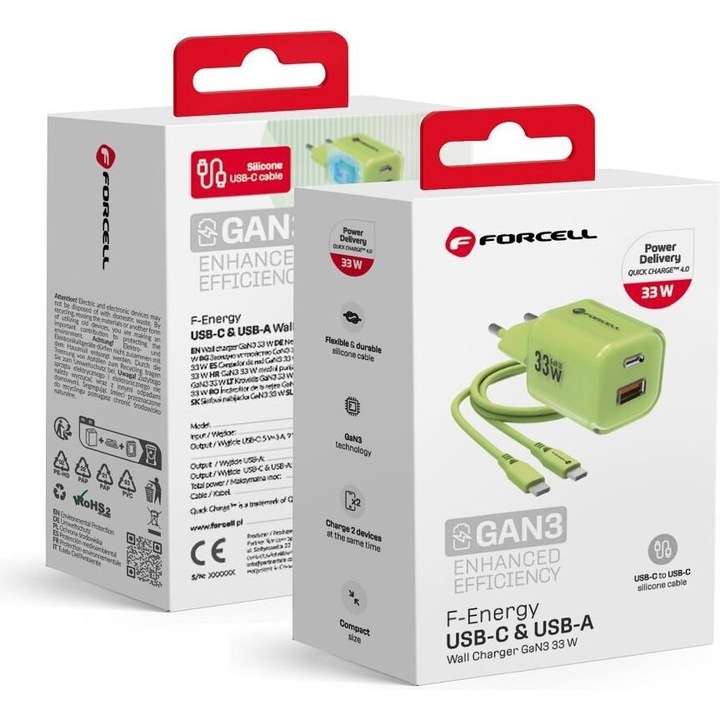 Incarcator compact 33 W, VT-41, 2 porturi USB-A si USB-C, cablu din silicon 100 cm, culoare pastel