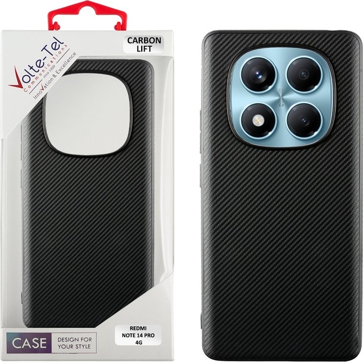 Husa telefon Volte-Tel pentru Xiaomi Redmi Note 14 Pro 4G, carbon, protectie camera, negru, 6.67"