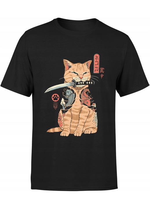JHK férfi póló, szamuráj macska mintával, 100% pamut, 190g/m2 vastagság