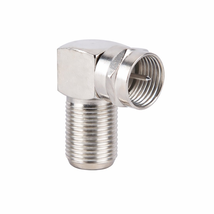 Adaptor RF Tata 90° Bervolo®, Metalic Pentru Antena TV, Cablu Coaxial, Receiver Digital Si Satelit, Mufa Antena, Argintiu