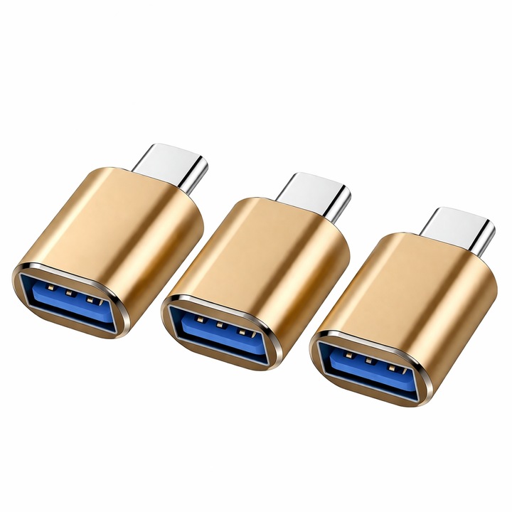 Set 3 x Adaptor Bervolo® OTG USB Type-C la USB Type-A 3.0, Fast Charging, Carcasa din Aluminiu, Auriu Gold