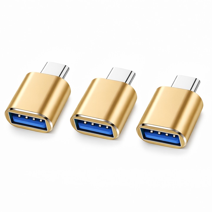 3 Darabos Bervolo USB-C – USB-A 3.0 Adapterkészlet, Gyors Töltés, Prémium Alumínium Kivitel, Arany