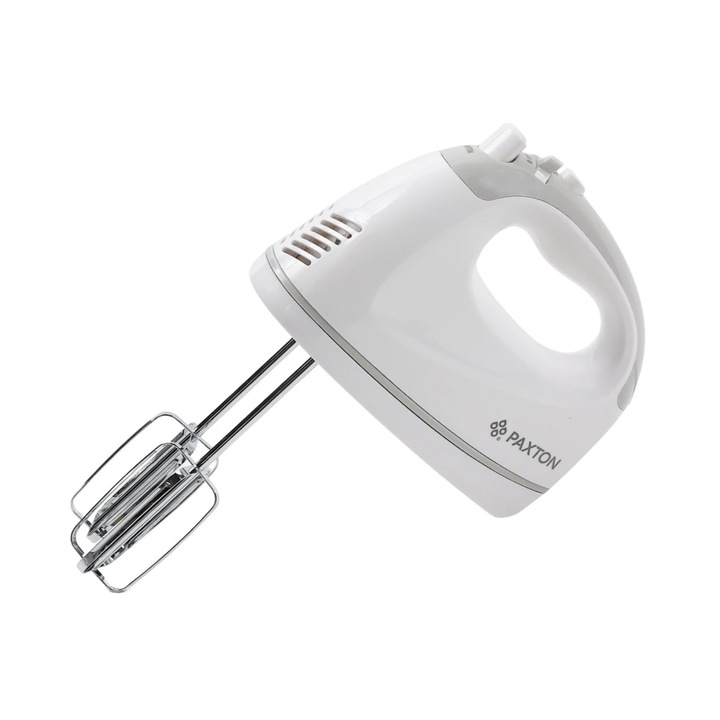 Mixer de mana, Paxton, 300 W, 5 viteze, functie Turbo, carlig framantare, paleta amestecare, buton de ejectare accesorii, alb cu gri, 1.16 kg, 82 db, 7.7 x 18.2 x 15.1 cm, 230V, 0.8 m, plastic metal
