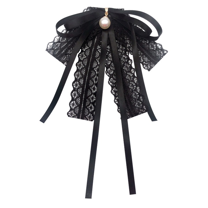 Papion din dantela neagra pentru femei, SUNTRADE, design vintage, cu pandantiv din perla, 20x13cm, set 1 bucata