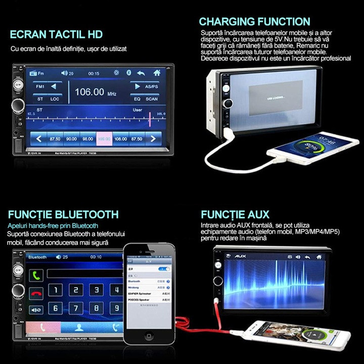 Player Auto, Duueyct, 7 Inch, Bluetooth, HndsFree, Control Tactil, Cu Telecomanda, Camera de Marsarier, Controler pe Volan, Ndroid Uto/IOS Universal, USB, Crd, Rdio, Rezolutie 800x480, Suporta Disc USB/AUX/card SD, Negru