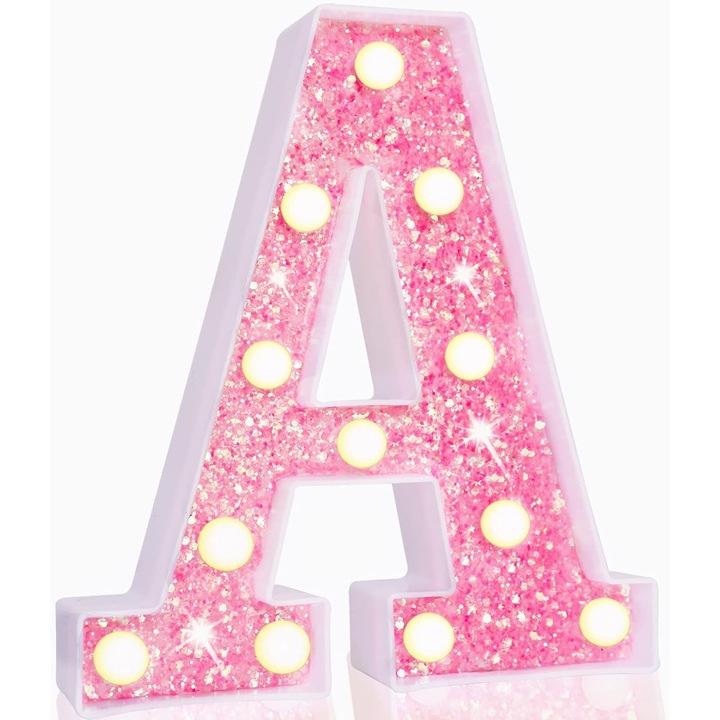 Litere Decorative Luminose, Glitter Roz, Set 27 Litere, Dimensiune 22.5x20x4.5cm