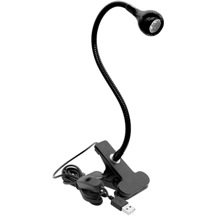 Lampa de citit cu clip, 3 moduri de iluminare, neagra, USB, 300mm