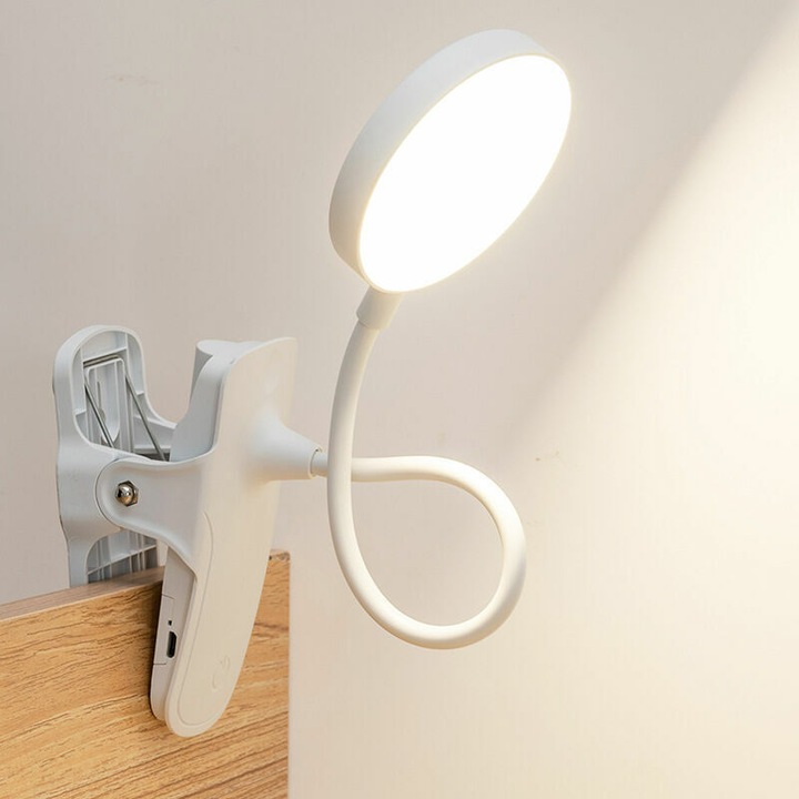 Veioza cu clip, lampa LED cu 3 temperaturi de culoare, dimmer continuu, flexibila 360°, alba