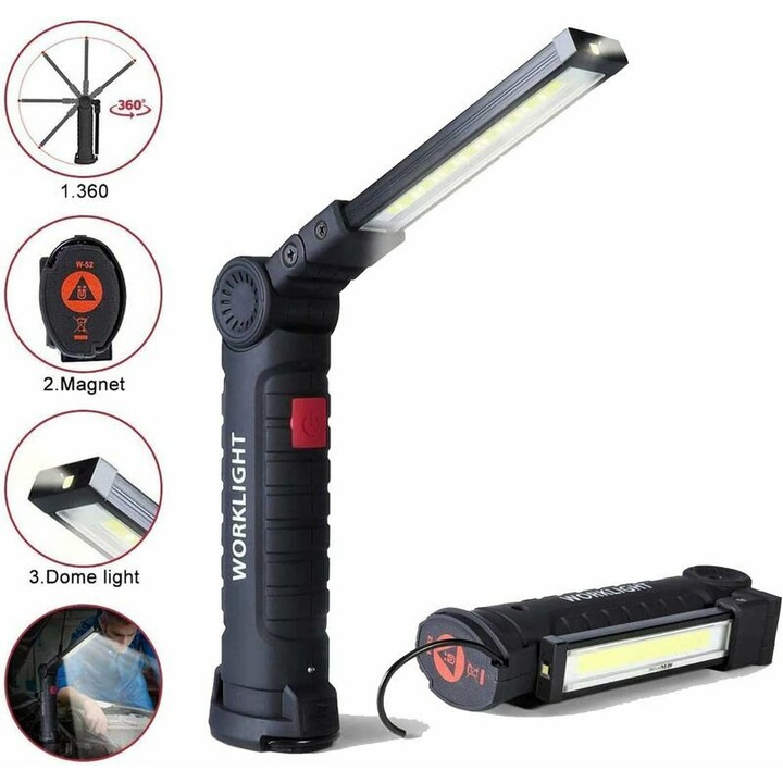 Újratölthető LED munkalámpa, 5 mód, mágneses talp, vízálló, 1800 mAh, hordozható