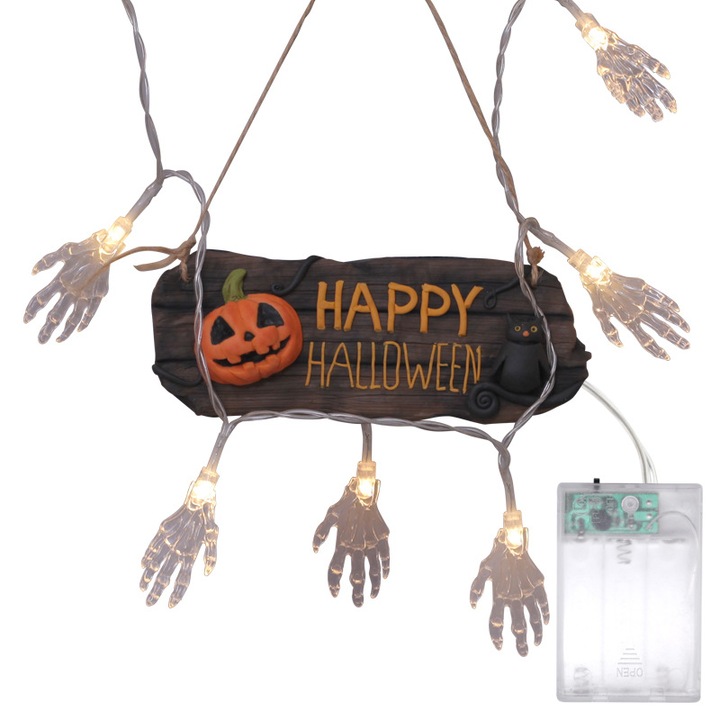 Napelemes csontvázkéz füzér, 5m, fehér fények, Halloween dekoráció