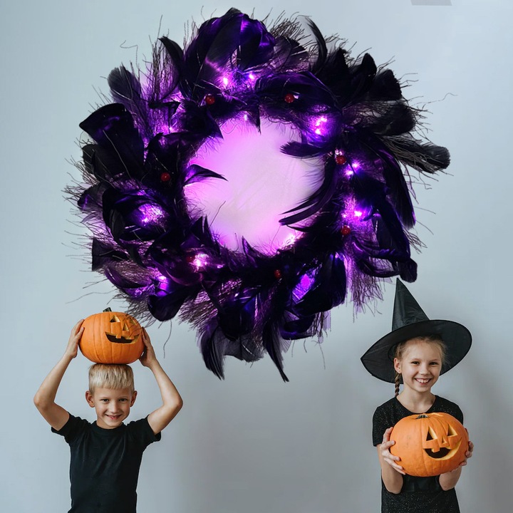 Halloween dekoratív füzér fekete varjakkal és fekete tollakkal, kompakt méretek, ajtó- vagy faldekorációs készlet