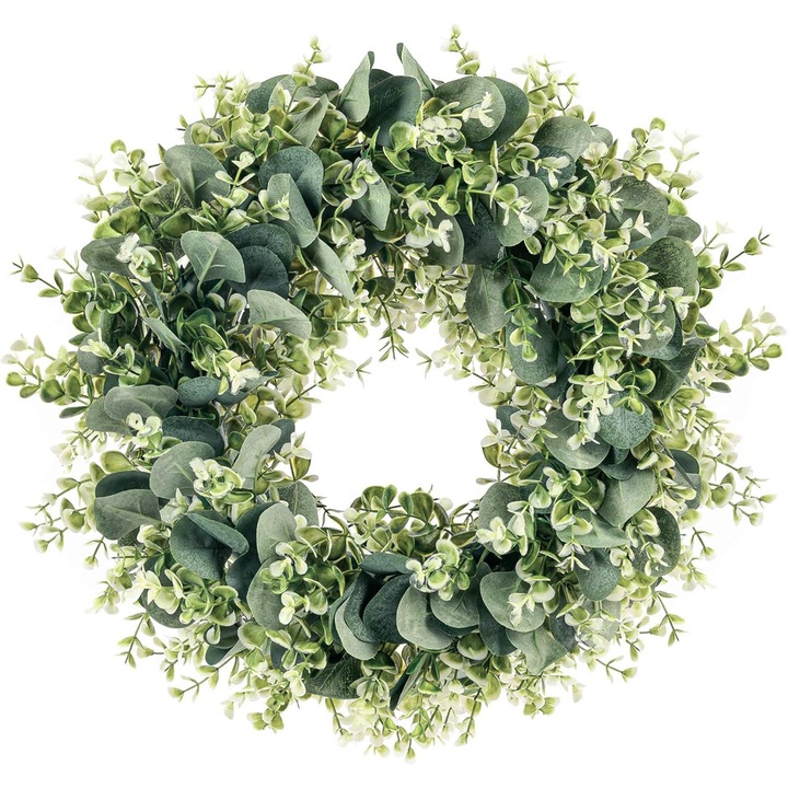 Coroana artificiala de eucalipt, 45x21cm, decor pentru usa, set de primavara-vara