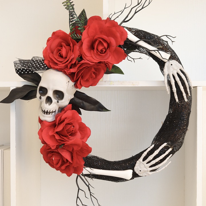Halloween dekoratív füzér, piros, fekete, hozzávetőleges méret, szett kiegészítőkkel